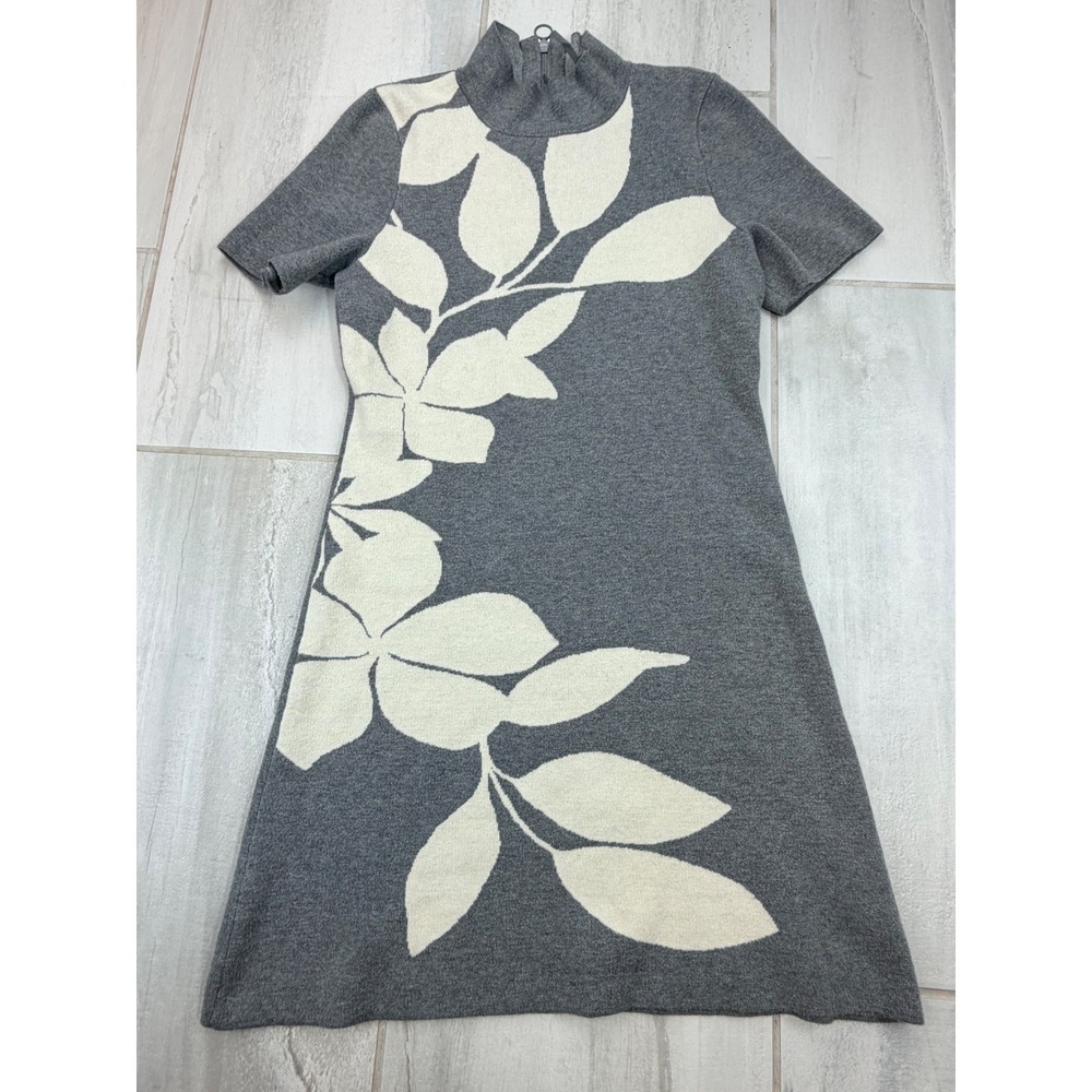 Anthropologie Gray Floral Leaf Intarsia Knit Mock Neck Sweater Dress Medium